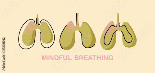 Mindful Breathing Illustration Set with Minimalist Human Lung Vector Art for Mental Health Awareness, Yoga Meditation Graphics, Wellness Design.  Mental wellness concept