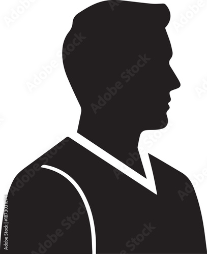 A black vector illustration of a male businessman profile silhouette acting as an anonymous candidate or applicant person in a suit symbol