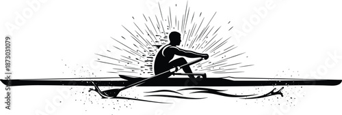 Black and white vector silhouette of a single sculler rowing shell on the water at sunrise, capturing competitive racing power and athletic effort.