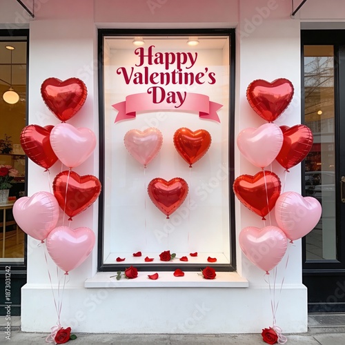 Wallpaper Mural Shop window display decorated with red and pink heart balloons and Happy Valentine's Day text sticker, festive retail storefront promotion Torontodigital.ca