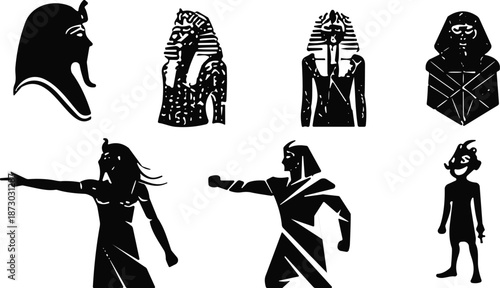 Ancient Egyptian silhouettes, pharaoh busts, mythology figures, traditional pose, cultural icons, headdress art, spiritual gesture, abstract heritage, historic style
