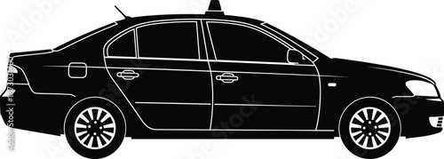Black car silhouette side view, sedan vehicle vector illustration, taxi transport icon, isolated automobile design element, white background, modern travel.