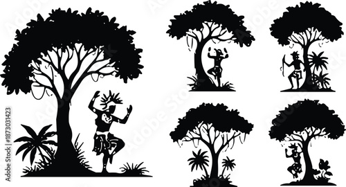 Tribal dance silhouettes, cultural ritual, tree worship, nature spirit, traditional movement, forest ceremony, foliage art, indigenous pose, spiritual expression