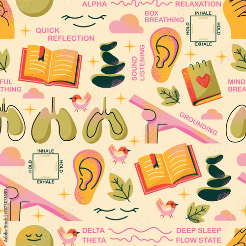 Mindfulness and meditation practice seamless pattern breathing exercises, brainwave, grounding, sound listening, reflection, and yoga. Flat vector illustration background. Mental wellness concept