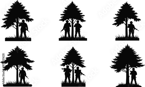 Soldier silhouette under tree, forest patrol, military pose, black and white art, tactical stance, rifle gear, outdoor survival concept