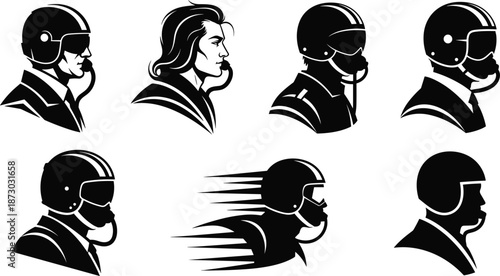 Pilot profile illustration, aviation headset, helmet vector art, black and white style, racing motion, aviation concept, speed, communication