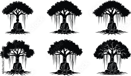 Meditating monk under tree, Bodhi symbolism, spiritual pose, black and white art, nature connection, zen calm, enlightenment concept, roots