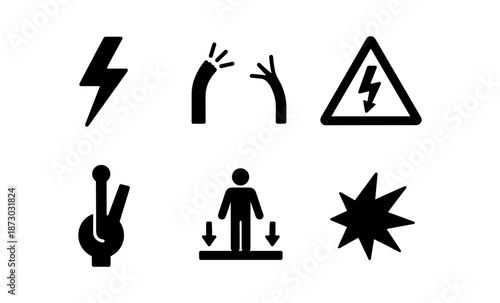 Collection of electrical hazard and safety icons on a white background