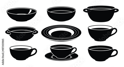 Black tableware silhouettes including bowls, plates, and cups on white