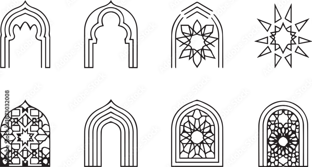 Fototapeta premium Islamic Geometric Arches and Ornaments Set, Minimalist Arabic Line Art Icons for Ramadan and Eid Decoration