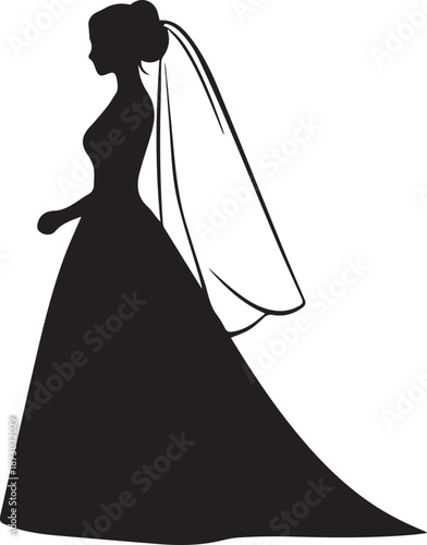 A beautiful black vector illustration featuring a bride in a fashion gown with a bouquet and veil, capturing a romantic wedding silhouette of a married woman during her marriage celebration