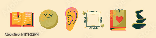 Mental Health and Mindfulness Vector Icon Set with Box Breathing Exercise, Journaling, Meditation, Deep Listening, and Wellness Symbols for Stress Relief, Self-Care, and Emotional Balance concept