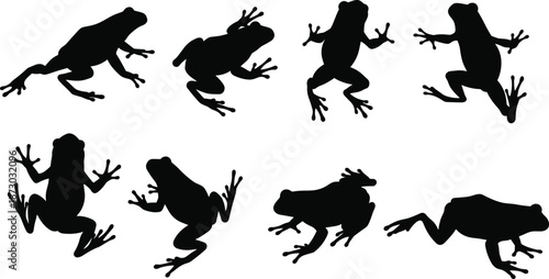 Black frog silhouette collection, jumping frog poses, amphibian animal illustration, wildlife vector design, nature graphic, reptile art, isolated symbol