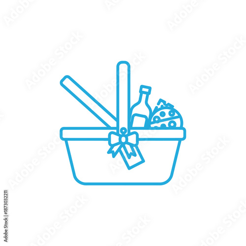 Picnic Basket Icon with Wine Bottle and Cheese, Simple Line Art