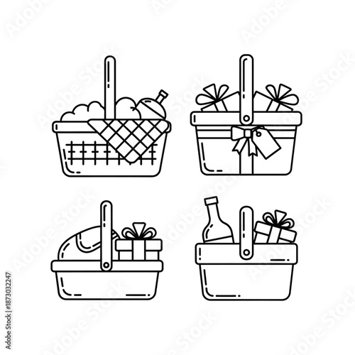 Picnic Basket Set: Gifts, Food, Wine - Line Art Icons