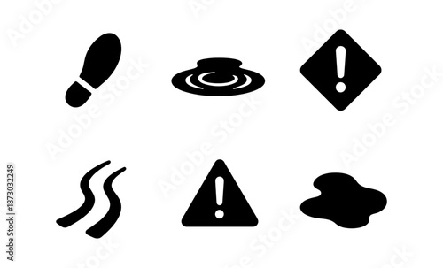 Set of icons representing slippery surfaces, wet floor, and caution signs for safety