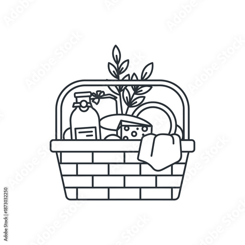 Picnic Basket Line Art Illustration: Cheese, Bread, Bottle, Grapes, Greens