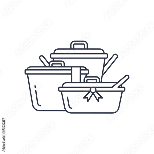 Picnic Basket Set Outline Icon - Outdoor Food Container Vector