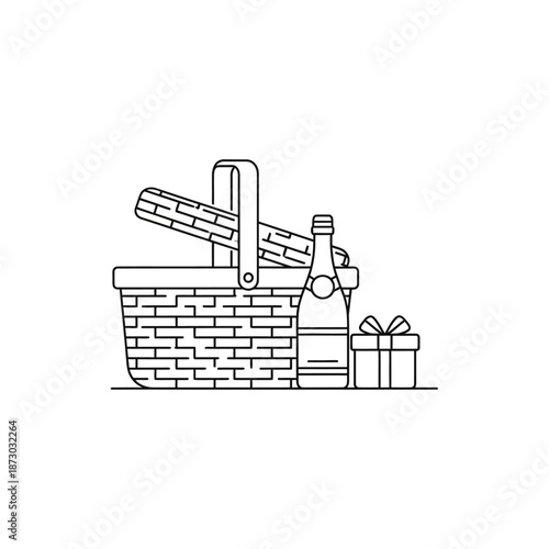 Picnic Basket with Champagne Bottle and Gift Box Icon