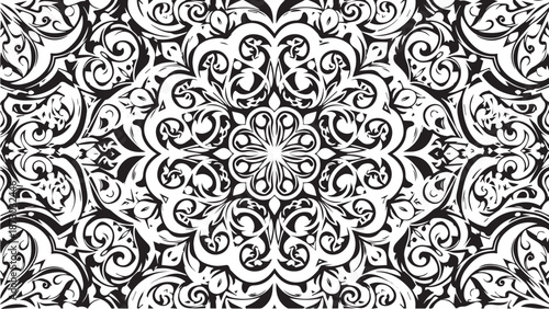 Intricate Floral Mandala Pattern with Black and White Ornate Baroque Style Ornaments