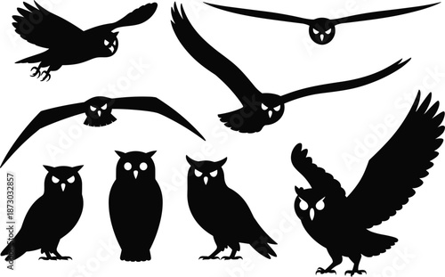 Black owl silhouettes collection, flying owls, perched owls, nocturnal birds of prey, wildlife illustration, vector design, mysterious animal shapes, nature art