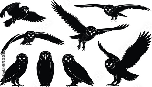 Black owl silhouettes, flying owls, perched owls, nocturnal birds of prey, wildlife illustration, vector design, mysterious night animals, nature artwork collectionBlack 