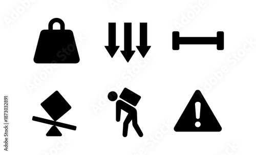 Set of six black icons representing weight, load, and danger warnings on a white background