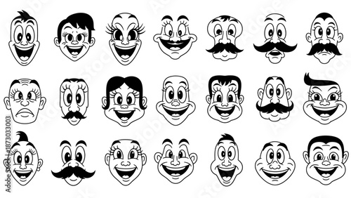 Diverse Collection of Retro Cartoon Faces with Various Expressions and Features