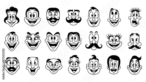Collection of Vintage Cartoon Faces with Expressive Emotions and Funny Mouths