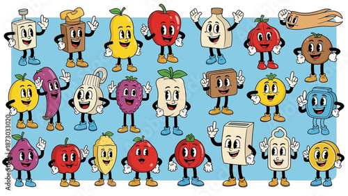 Retro Cartoon Food Characters Collection, Whimsical Vintage Style Illustrations
