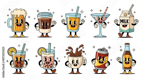 Retro Cartoon Drink Characters Collection: Fun Beverage Characters for Design