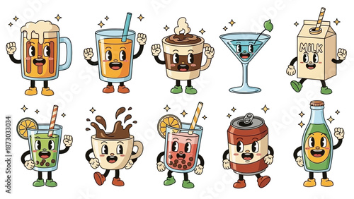 Retro Cartoon Drink Characters Collection: Fun Beverage Characters with Happy Faces