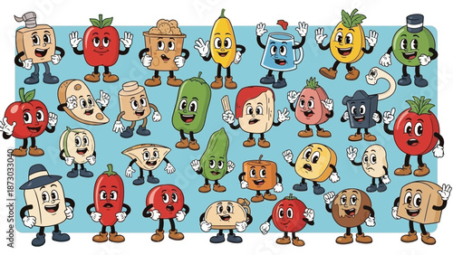 Retro Cartoon Food Characters Waving Happily on Blue Background