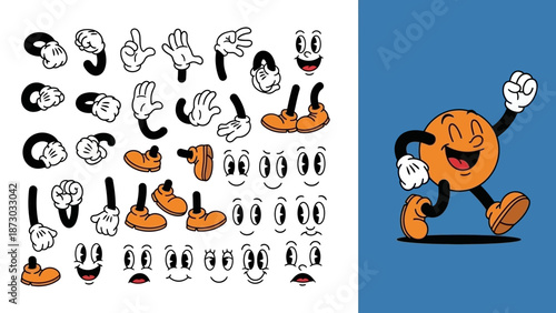 Retro Cartoon Character Mascot Set with Various Expressions and Poses