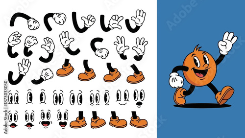 Retro Cartoon Character Parts for Animation: Arms, Legs, Eyes, Mouths