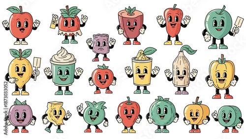 Retro Cartoon Food Characters Collection: Cute Fruits and Vegetables with Vintage Style