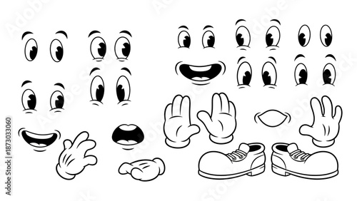 Retro Cartoon Character Parts Kit: Eyes, Mouths, Hands, and Shoes Vector