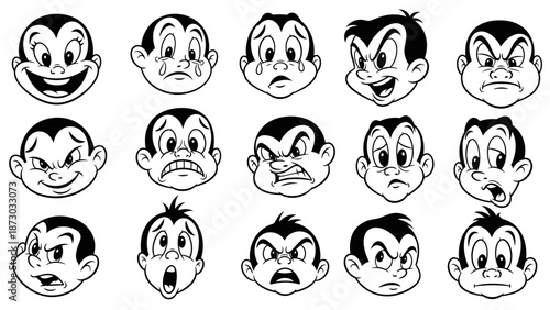 Collection of Retro Cartoon Character Faces Expressing Diverse Emotions and Feelings
