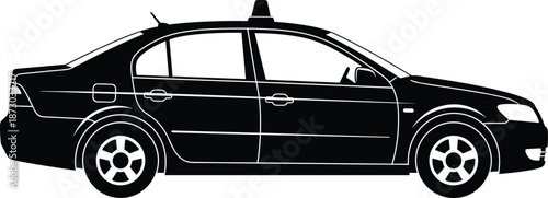 Black sedan car silhouette, vector illustration of side view auto, isolated transportation icon on white background, taxi or police.