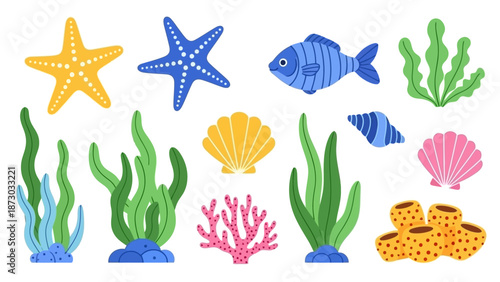 Cute Cartoon Underwater Ocean Life: Fish, Starfish, Coral, Seaweed, Shells, and Sponges