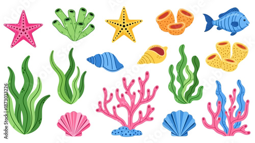 Collection of colorful cartoon marine life and underwater plants