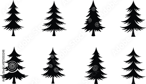 Black pine tree silhouettes, spiral pattern trees, forest illustration, nature clipart, vector set, decorative trees, landscape design elements