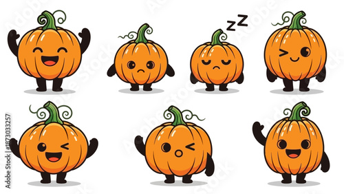 Cute Kawaii Pumpkins with Different Expressions Set, Cartoon Halloween Characters