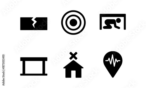 Set of icons representing earthquake safety and impact, including ground rupture and shelter