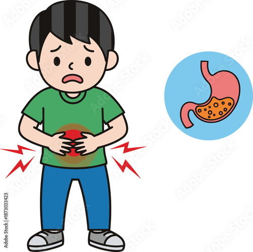 Sad cartoon boy holding stomach pain illustration with digestive problem icon child abdominal pain concept isolated white background