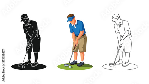 Golfer putting, shown in silhouette, color, and outline illustration