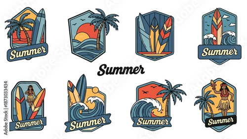 Summer Vibes Collection: Tropical Beach and Surf Art Badges with Palm Trees