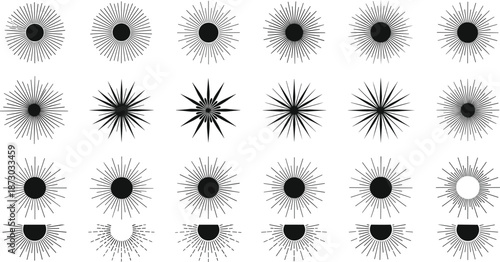 Abstract sunburst and starburst rays set retro vintage radial shapes black vector illustration isolated white background design elements