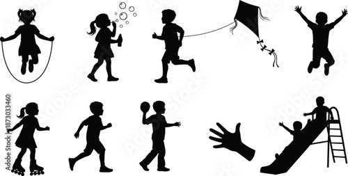 Black Silhouette Children Playing Outdoors, Jumping Rope, Blowing Bubbles, Flying Kite, Running, Rollerblading, and Sliding for Summer Fun