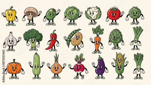 Collection of Cute Cartoon Vegetable Characters Waving, Vector Illustration